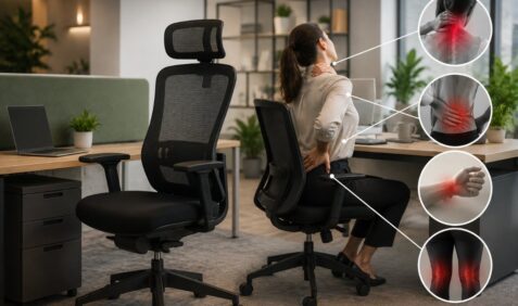 Quais reclamações de desconforto no escritório indicam problema de mobiliário e não de pessoa?